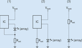 Figure 2. Conventional driving of LEDs. In these drive circuits, the current flowing through the LED is independent of the temperature. Thus, the derating required at high temperatures does not take place